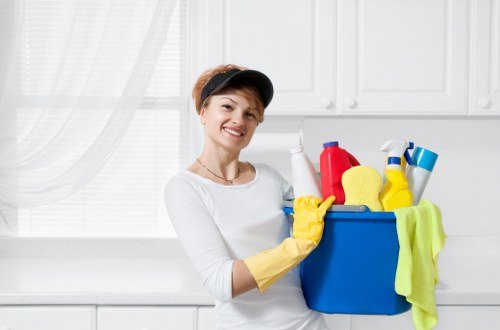 Biodegradable cleaning products and refillable containers on a van shelf