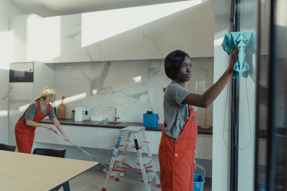 Three professional cleaners from Dexter Carpet Cleaning standing indoors, each wearing grey t-shirts and red overalls. The female on the left holds a vacuum cleaner, the male in the center grips a mop
